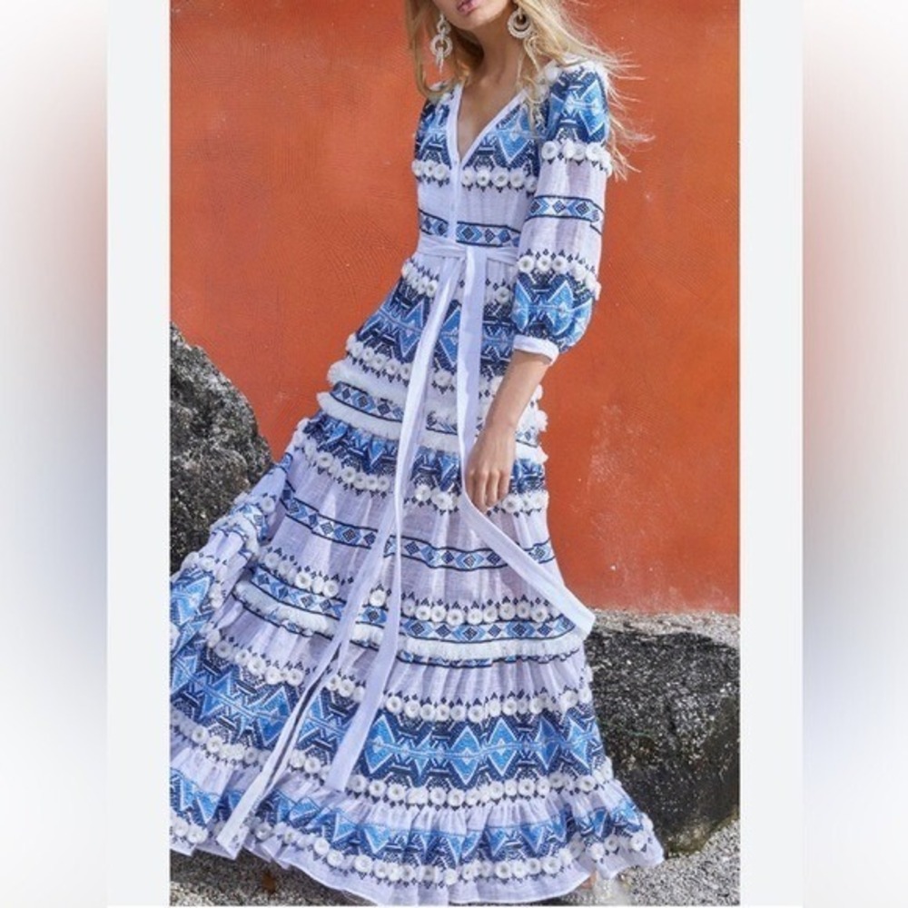 Alexis Boho Maxi Dress‎ White Blue Embroidered Wylla Tiered Ruffle Belted NWT XS